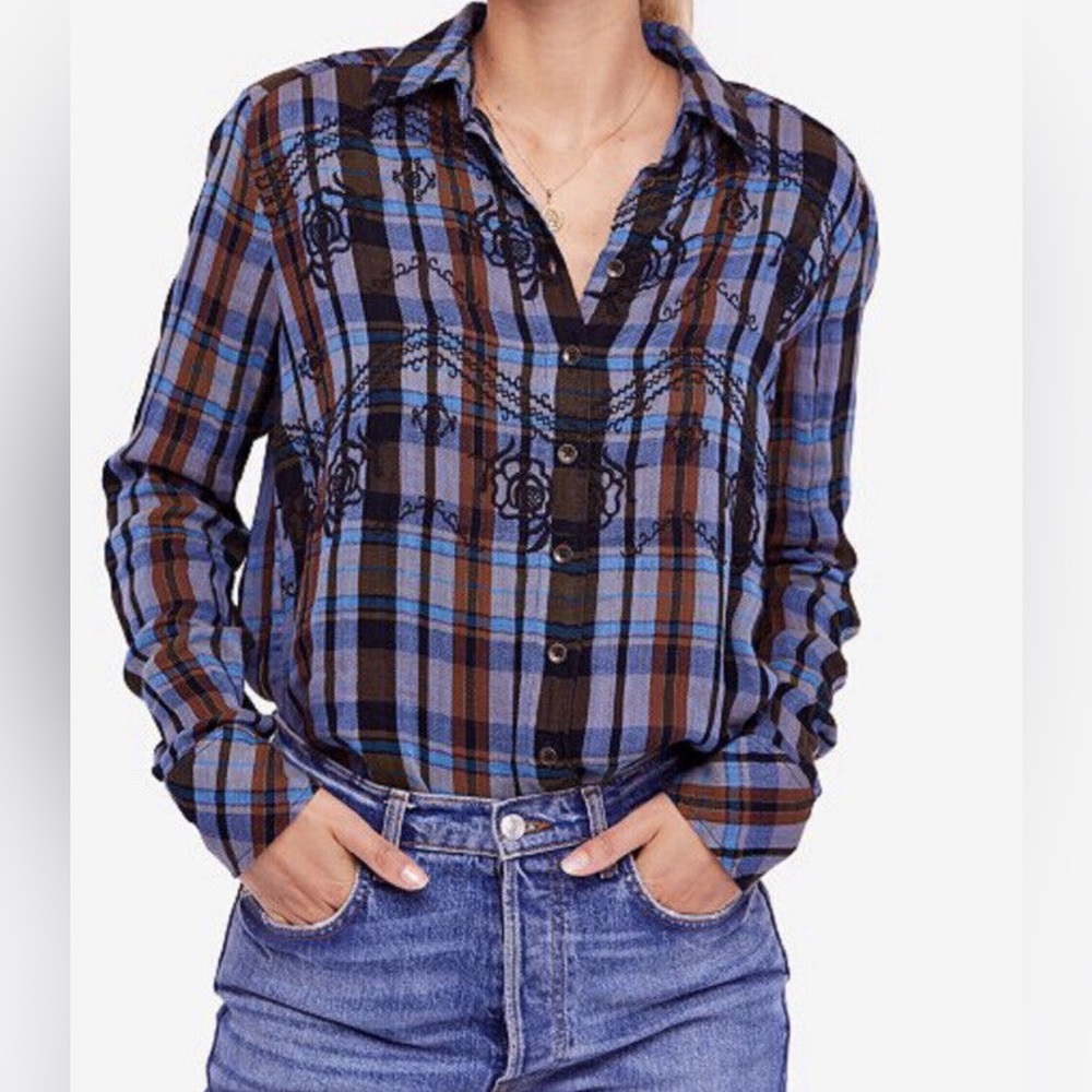 Free People Magic Plaid Buttondown Onyx Combo Size M Embroidered Flannel